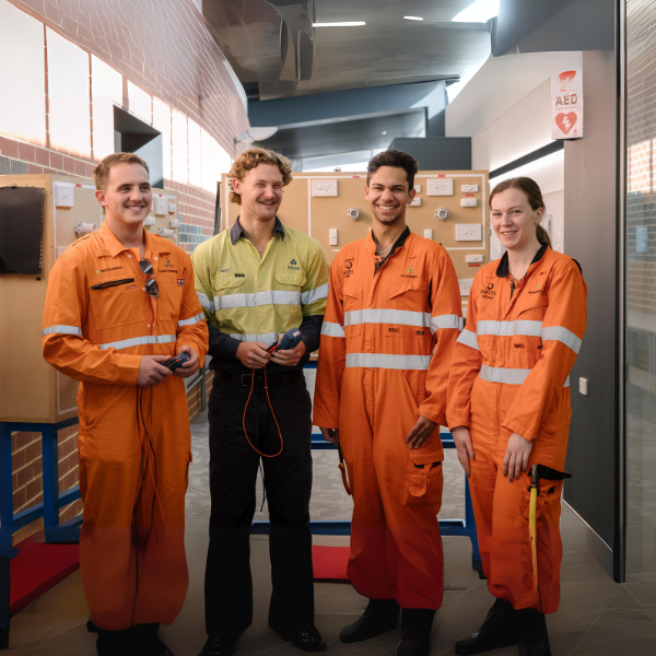 Four adults wearing orange protective suits