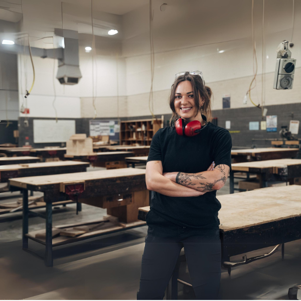 A woman standing in a workshop with her arms crossed