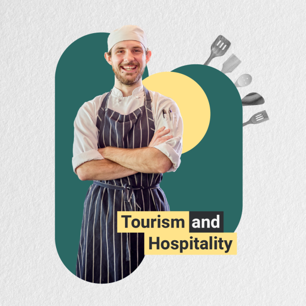 A man in a chef's uniform stands beside a sign reading "Tourism and Hospitality."