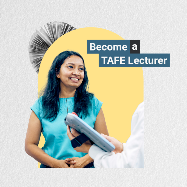 Image promoting a career as a TAFE lecturer, featuring a classroom setting with students and a teacher engaging in discussion.